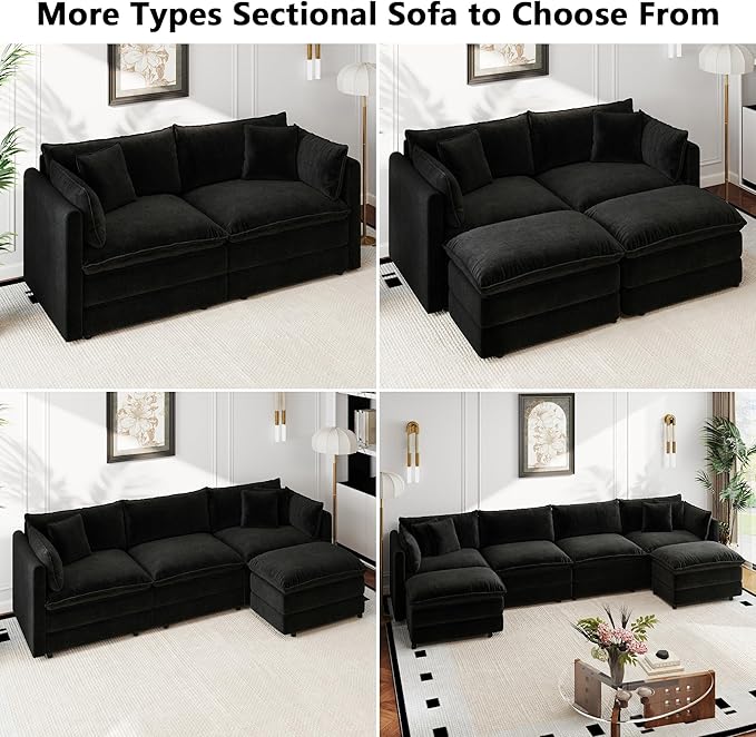 Aoowow Modular Sectional Sofa,112.2 Inch Deep 3-Seater Sofas Comfy Chenille Cloud Sofas and Couches with Pillows for Living Room Apartment（Black）