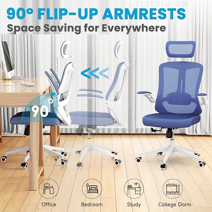 Ergonomic Office Chair - 400LB Comfy Desk Chairs with Adjustable Headrest and Lumbar Back Support, Mesh Computer Chairs with Wheels and Arms for Home Office, Study (Blue-with Headrest)
