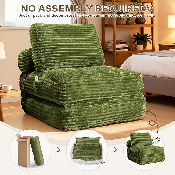75''Foldable Sofa Bed,Green Convertible Folding Sleeper Chair Bed,Foldable Single Sofa Foam Filling Couch with Pillow, Comfy Corduroy Lazy Floor Sofa for Small Room Living Room Bedroom Apartment