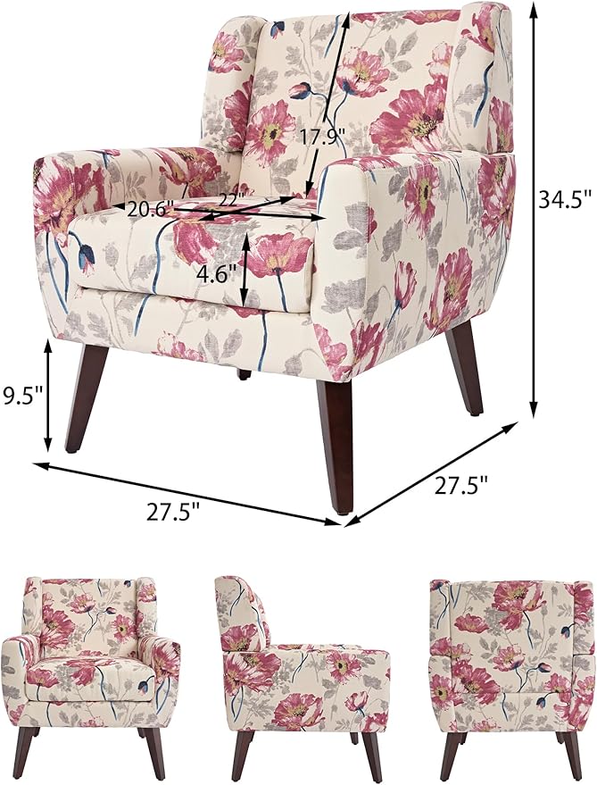 DREAMSIDEA Accent Chair, Modern Linen Blend Arm Chair for Living Room, Bedroom, Comfy High-Resilient Sponge Reading Chair for Small Spaces (Pattern Pink Floral, Set of 1)