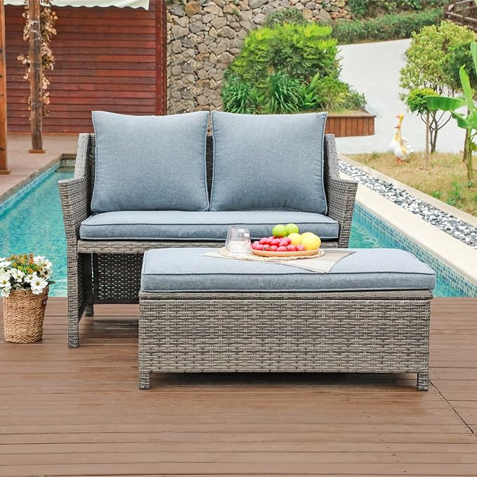 OC Orange-Casual 2-Piece Outdoor Patio Furniture Wicker Love-seat and Coffee Table Set, with Built-in Storage Bin, Grey Rattan, Grey Cushions