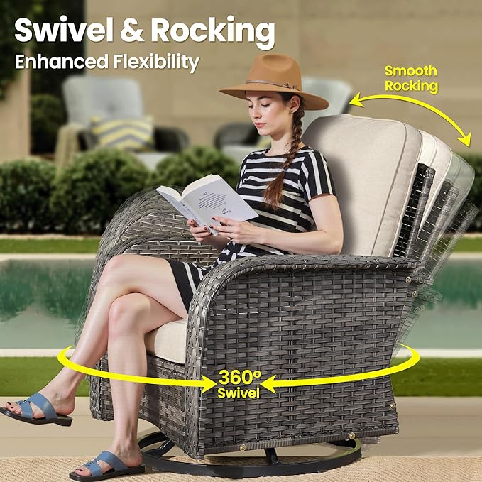 ovios 3 Pieces Patio Furniture Set, Outdoor Rocking Chairs of 2, Wicker Swivel Glider Chairs with Side Table Thick Cushions, All Weather Rattan Bistro Set for Porch, Beige