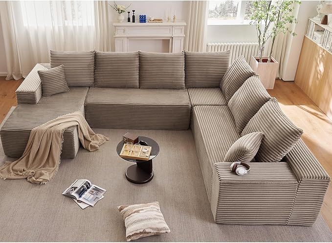 Sectional Cloud Couch with L-Shape Chaise, Upholstered Corduroy Couches Stupendous U Shaped Sofas, Modern Modular Comfy Sofa with Deep Seat for Living Room Bedroom, No Assembly Required, Camel