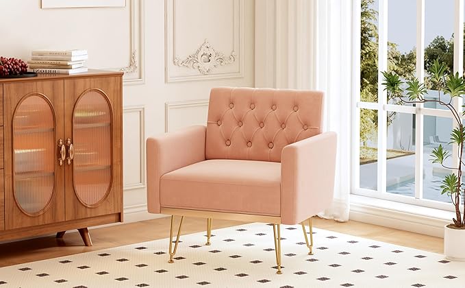 Accent Chair for Living Room, Comfy Oversized Velvet Upholstered Arm Chairs, Mid Century Modern Reading Single Sofa Side Chair with Tufted Back and Gold Legs for Bedroom (2, Pink)