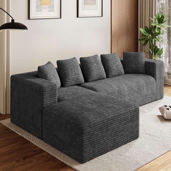 Modular Sectional Sofa, 107" L Shaped Cloud Couch Plush Corduroy Deep Seat Boneless Sofas with 5 Pillows Long Chaise Lounge Couches Memory Foam for Living Room - Dark Grey, Left Facing Chaise
