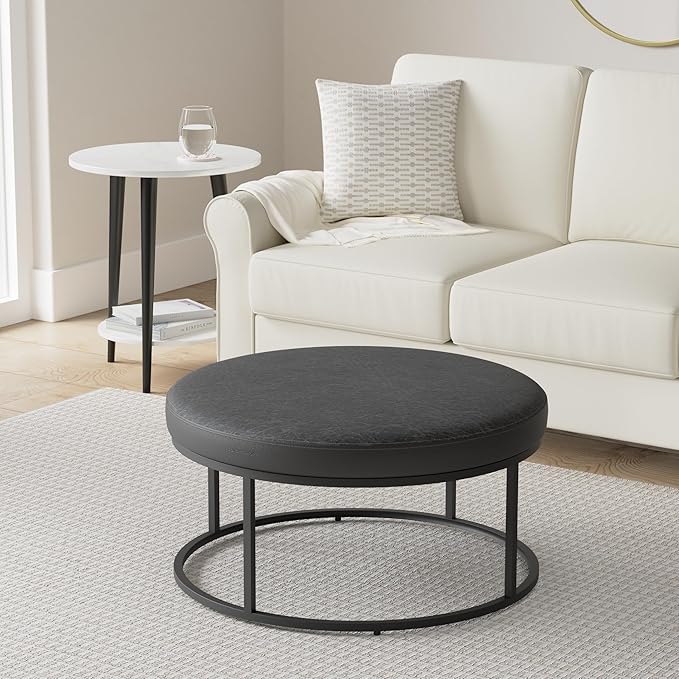 SONGMICS HOME LUIZ Collection - Ottoman, Round Coffee Table, Footstool, Reversible Top, Padded Seat, Side Table, Minimalist, Steel Frame, Max. Load 660 lb, for Living Room, Ink Black ULOM078B01