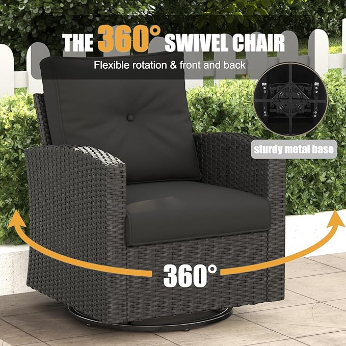 LayinSun 12 Pieces Patio Furniture Set with Fire Pit Table, Black Rattan Modular Sectional Outdoor Conversation Sofa Set, Swivel Rocking Chairs Set