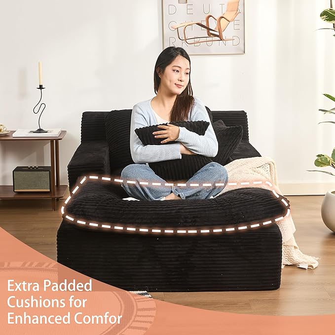 63" Oversized Boneless Chaise Lounge Chair, Extra Cloud Layer, Convertible Sleeper Sofa Couch with Removable Pillows & Side Pockets, Corduroy Upholstered Sofa Bed with Armrests for Living Room, Black