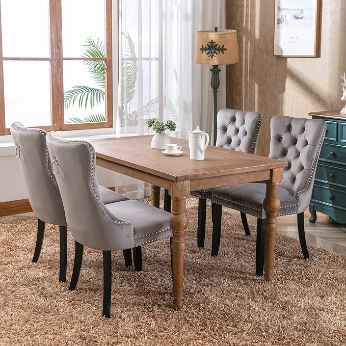 YeahFurn Grey Mid Century Modern Dining Chairs Set of 8, Velvet Upholstered Kitchen & Dining Room Chairs with Nailhead Trim & Solid Wood Legs, Elegant Sillas De Comedor (Grey, 8 Pcs)