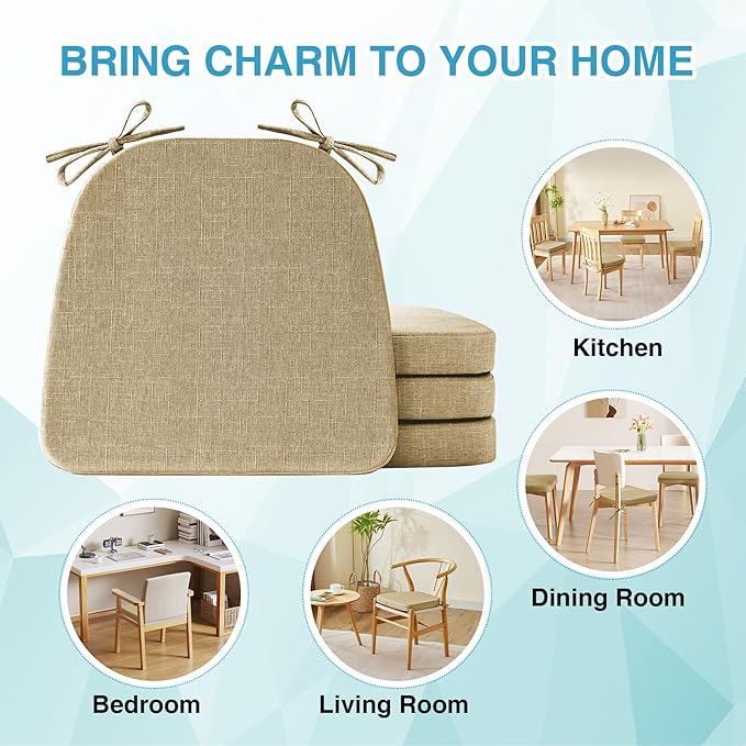 Chair Cushions for Dining Chairs Set of 4, Non Slip Kitchen Chair Pads, 17" x 16" x 2", Indoor Dining Chair Cushions with Ties, D-Shaped Seat Cushions for Kitchen Chairs, Khaki