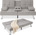 Best Choice Products Linen Modern Folding Futon, Reclining Sofa Bed for Apartment, Dorm w/Removable Armrests, 2 Cupholders - Light Gray