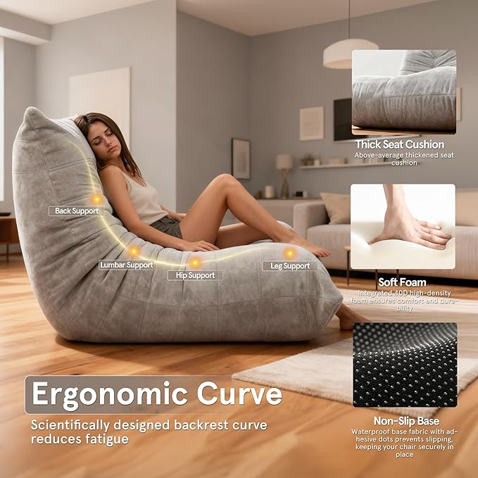 Sytopia Bean Bag Chair, Large Reading Chair for Adults Ultra-Comfy, Corner Floor Sofa 40D Foam, Togo Sofa Furniture for Living Room Bedroom Gaming, Urban Grey