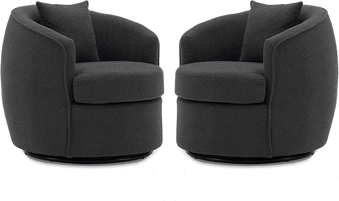 FaFaSoGoodFa Swivel Accent Chair Set, Modern Upholstered Boucle Barrel Arm Chairs with Pillow for Living Room, 360 Degree Round Swivel Sherpa Armchair with Round Base for Bedroom Club (2, Dark Grey)