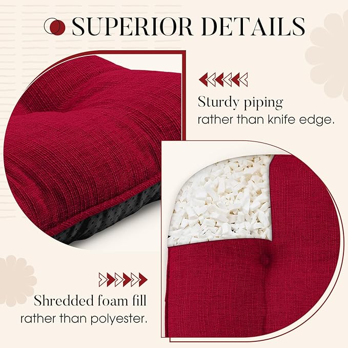 Basic Beyond Chair Cushions for Dining Chairs 6 Pack, Chair Cushion with Ties and Non Slip Backing, 15.5 x 15.5 inches Tufted Chair Pads for Dining Chairs, Red