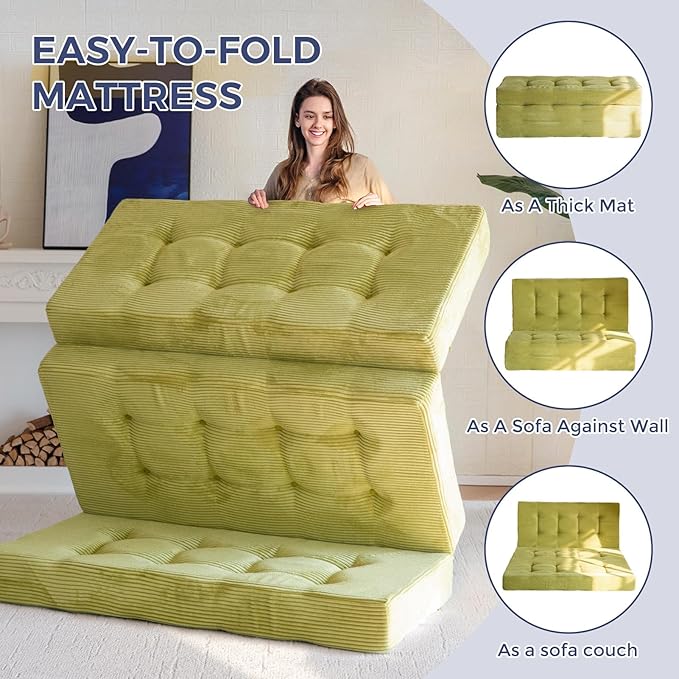 MAXYOYO Tri-Fold Mattress, 6 Inch Tufted Folding Futon Foam Bed, Foldable Floor Mattress Guest Bed Futon Topper Portable Camping Sleeping with Corded Fabric, Green, 59"x79"