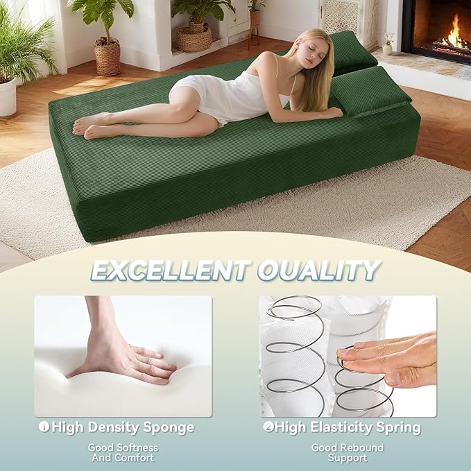 GJQ 83" Boneless Couch for Living Room,Corduroy 3 Seater Sofa in a Box with 4 Pillows & Storage Pocket,No Assembly Cloud Sofa Bed Oversized Floor Sofa,Green