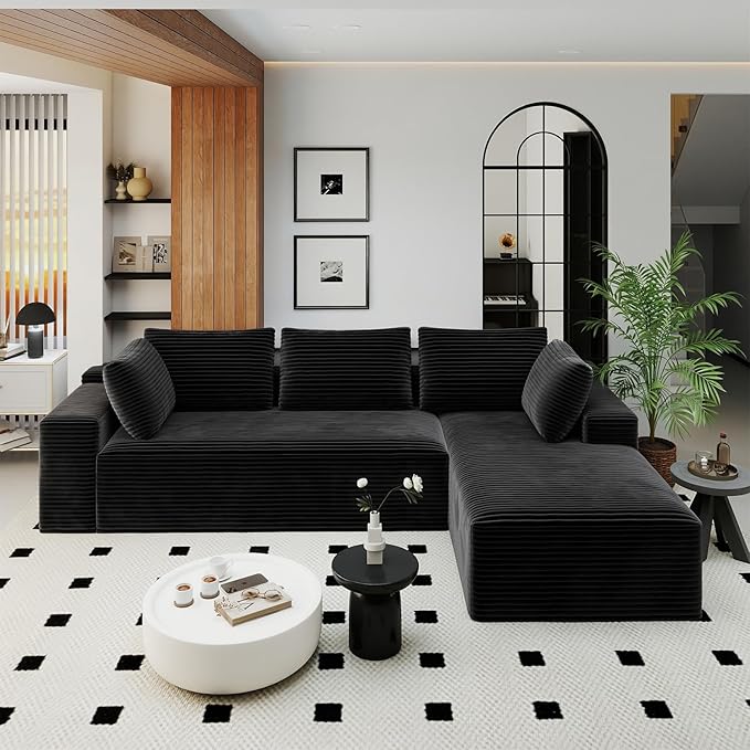 KAPEETOO Cloud Modular Sectional Sofa with Chaise Longue, Giant L Shaped Sectional Couch with Deep Seat, Oversize 3-Seater Boneless Couch for Living Room Bedroom Right Facing Chaise (Black)