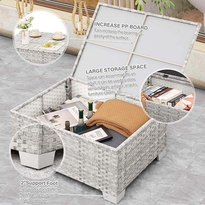 WAROOM Patio Furniture Set 6 Piece Outdoor Patio Set Grey Wicker Balcony Furniture Conversation Sets PE Rattan Couch Sofa with Coffee Table, Grey Cushion