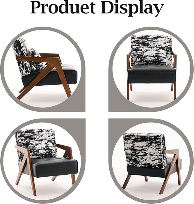 Mid-Century Modern Accent Chair Set of 2 with Solid Wood Frame，Upholstered Leather Living Room Arm Chairs with Pillow for Bedroom, Living Room, Reading Room, Balcony, Black