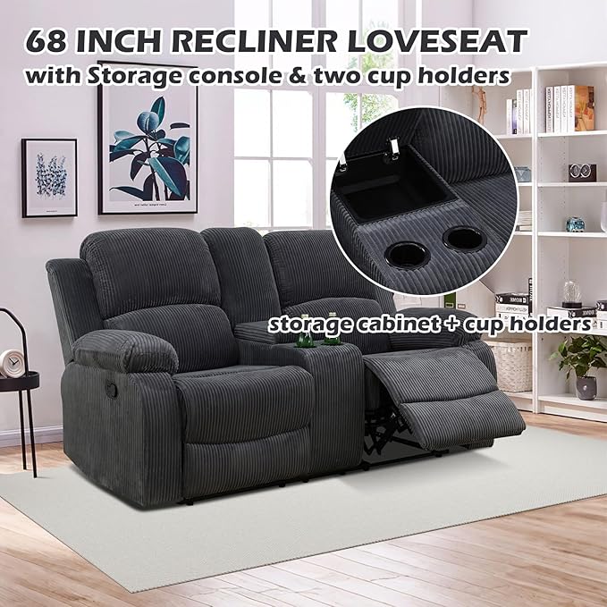 SIENWIEY Manual Recliner Sectional Sofa for Living Room,L Shaped Reclining Sectional Corner Couch with Loveseat,Gray Corduroy Recliner Sofa Set with Storage Console/Drop Down Coffee Table/Cup Holders