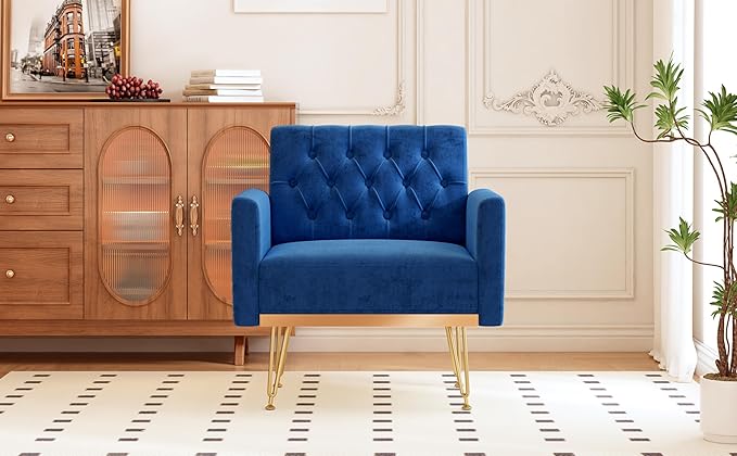 Accent Chair for Living Room, Comfy Oversized Velvet Upholstered Arm Chairs, Mid Century Modern Reading Single Sofa Side Chair with Tufted Back and Gold Legs for Bedroom (2, Navy)