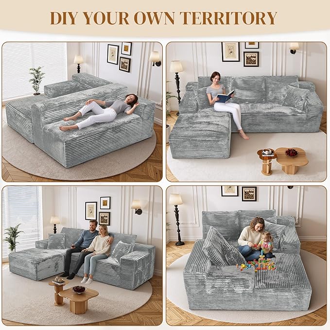 108" Boneless Cloud Sectional Couches for Living Room, Comfy Fluffy L Shaped Memory Foam Deep Seat Boneless Couch, Modular Sectional Sofa with Left Facing Chaise, Grey