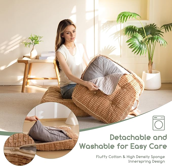 6" Washable Floor Pillow Cushion for Adults, Meditation Cushion Pillow, Removable Tufted Blended Corduroy Cover, Large Square Floor Sitting for Tatami Living Room or Yoga, 2Pack, Machine Washable