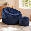 Pumpkin Shaped Bean Bag Chair with Ottoman, Gaint Bean Bag Chair for Adults, Faux Rabbit Fur Comfy BeanBag Floor Sofa Chair for Reading, Playing, Relaxing, Dark Blue