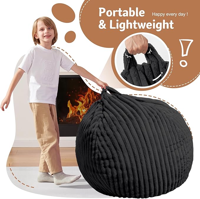 Homguava 2FT Bean Bag Chair, 2' Small Bean Bags with Memory Foam Filled, Beanbag Chairs with Machine Washable Cover Dutch Corded Plush Cover for Classroom,Living Room,Bedroom-Black