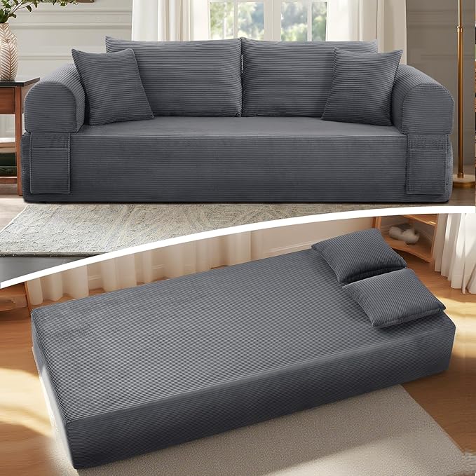 83" Sofa in a Box, 3 Seater Couch No Assembly Boneless Sofa Bed with Cushion Back 2 Pillows Deep Seat Corduroy Fabric Side Storage Pockets for Living Room, Bedroom, Apartment, Office, Deep Grey