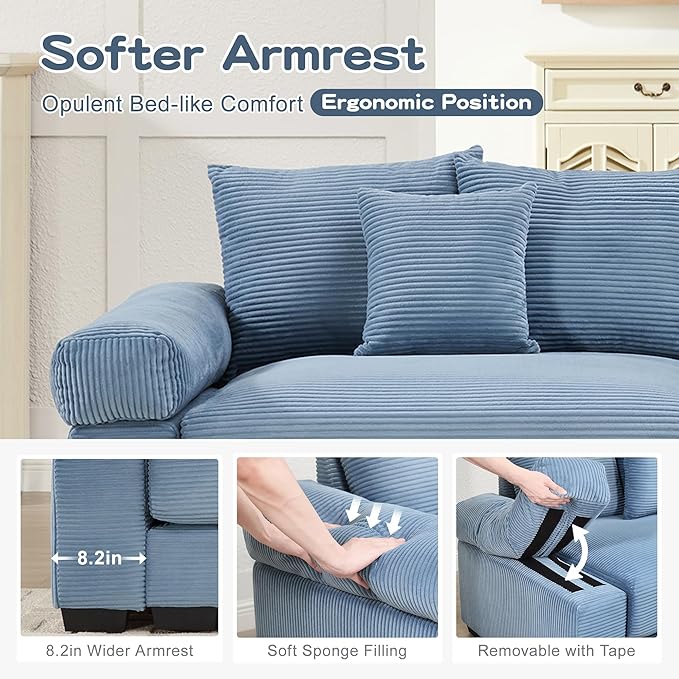KEIKI 54" Oversized Corduroy Modular Sectional Single Sofa with High-Density Foam Cushions, Extra-Thick Armrests, Upholstered Modern 1-Seater Lounge Accent Chair with 3 Pillow, for Living Room, Blue