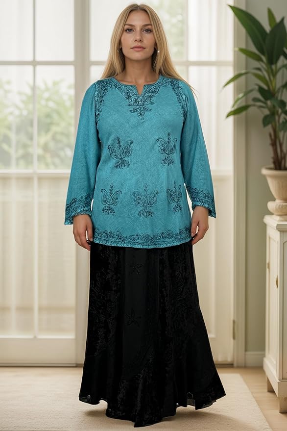 Agan Traders 2025 Winter Long Sleeve Diamond Neck Embroidered Tops - Medieval Boho Vintage Tunic Kurta Blouses for Women