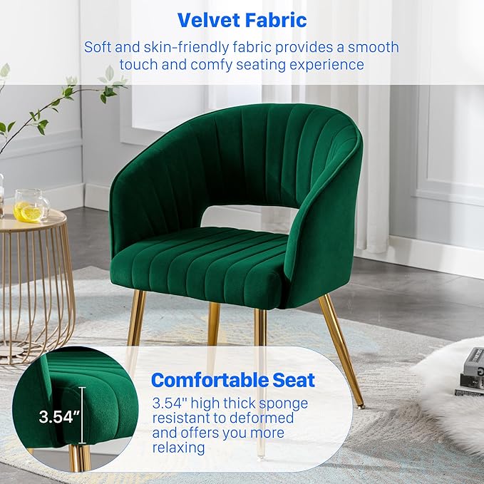 KCC Modern Accent Dining Chairs Set of 2, Upholstered Velvet Dining Room Chairs with Hollow Back, Tufted Kitchen Chairs Side Chair with Gold Metal Legs for Living Room Restaurant, Green