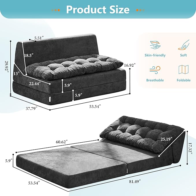 Hobestluk Sofa Couch Folding Sofa Bed Sleeper Comfy Floor Lounger Loveseat Sofa with Removable Cushion Couches Foldable Mattress for Living Room Bedroom or Office (Chenille Grey, Oversize)