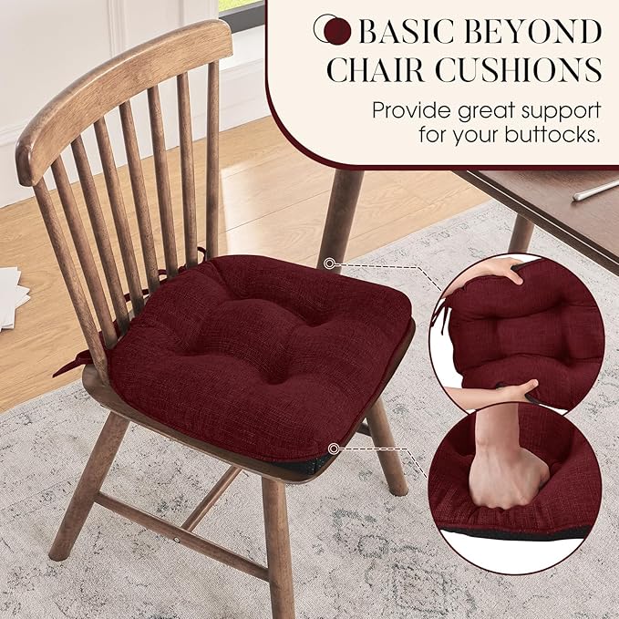 Basic Beyond Chair Cushions for Dining Chairs 4 Pack, Chair Cushion with Ties and Non Slip Backing, 15.5 x 15.5 inches Tufted Chair Pads for Dining Chairs(Dark Red)