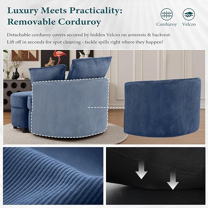 Chorlenimi Swivel Accent Chair Round Barrel Armchair Upholstered Living Room Chair Corduroy Reading Chair Single Sofa Chair for Bedroom Apartment Office (Blue, Upgrade 1Seater+ Ottoman)