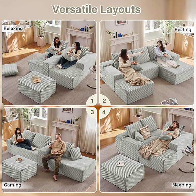Lakifun 107" U-Shape Cloud Couch, Modern Modular Sectional Comfy L-Shape Sofa with Ottoman, Deep Seat, Upholstered Corduroy Sleeper Chaise Longue for Living Room Bedroom, No Assembly Required, Grey