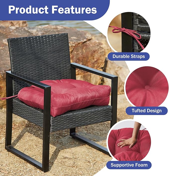 IPYNBAP Outdoor Chair Cushions Set of 2, Patio Chair Cushions with Ties, 17x17+4” Tufted Outdoor Seat Cushions, Waterproof Patio Furniture Cushions, Outdoor Dining Chair Pads, Burgundy