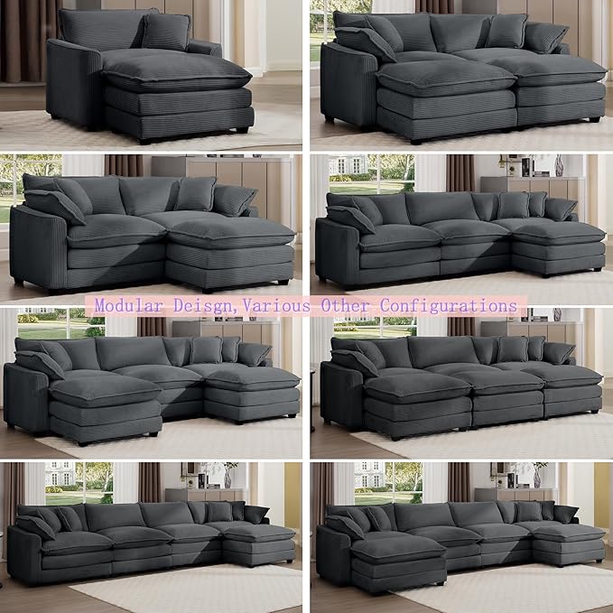 Aoowow Corduroy 4 Seater Cloud Couch with Ottoman,Modern Cloud Couches for Living Room,Modular Sectional Cloud Sofas with Deep Seat,Oversized Tufted L-Shaped Sofa Set. (Grey, 4 Seater + 1 Ottoman)