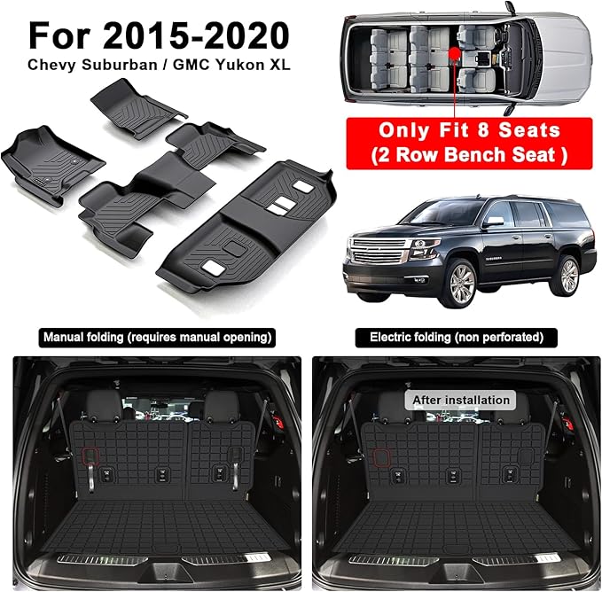 Floor Mats for 2015-2019 2020 Chevy Chevrolet Suburban/GMC Yukon XL 8 Seats (Not for Yukon) (2nd Row Bench Seats) & Cargo Mat & Backrest Mat,TPE All Weather Protection Full Set Accessories