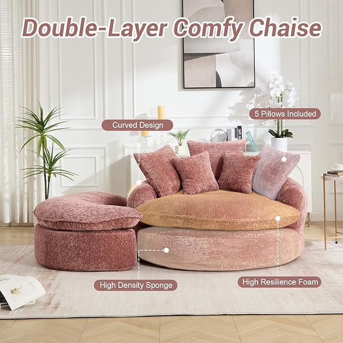 54" Oversized Round Chaise Lounge Indoor Boneless Bean Bag Chair with Movable Ottoman Fluffy Comfy Reading Chair Large Circle Cloud Couch Sleeper Sofa Bed for Living Room, Bedroom, Apartment, Pink