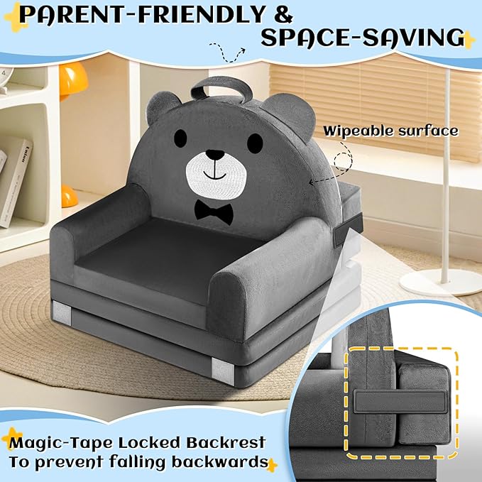 ORWIPO Kids Sofa Bed with Removable Washable Cover & Magic-Tape Backrest – Foldable Toddler Chair, Cozy Crystal Velvet Furniture for Playtime, Naps & Travel (Dark Gray, Bear Design)
