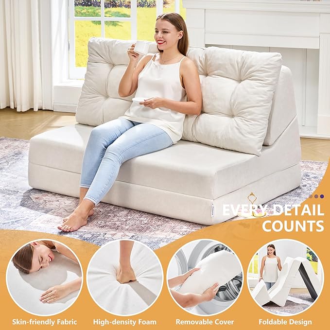 Hobestluk Sofa Couch Folding Sofa Bed Sleeper Comfy Floor Lounger Loveseat Sofa with Removable Cushion Couches Foldable Mattress for Living Room Bedroom or Office (Chenille Beige, Oversize)