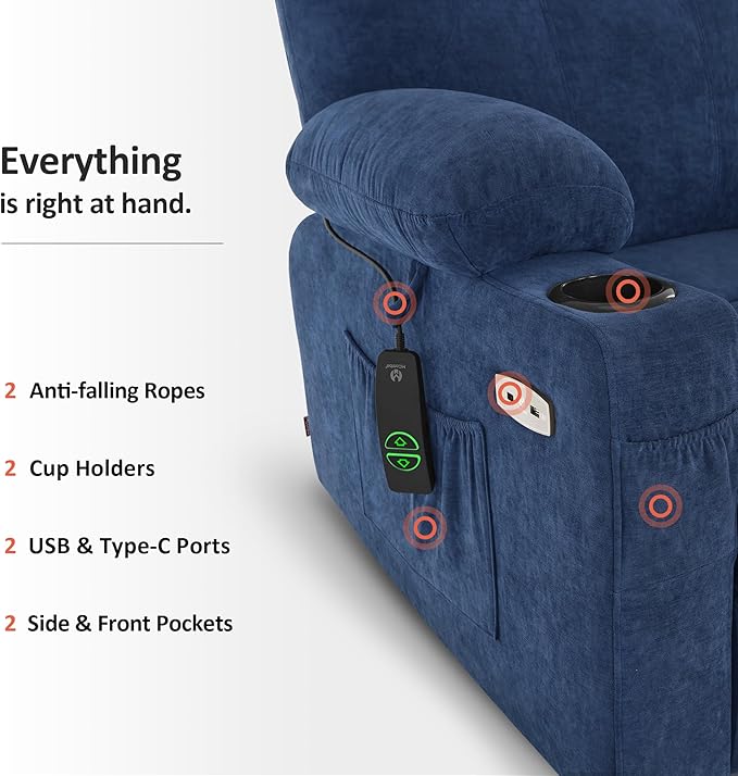 MCombo Small Power Lift Recliner Chair for Elderly, Petite Power Lift Chair with Heat and Massage for Seniors, Cup Holders, USB & Type C Ports, Fabric 7141 (Admiral)