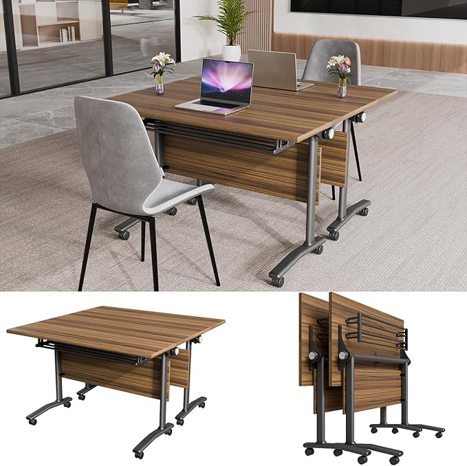 Conference Table, Modern Folding Meeting Tables with Flip Top, Mobile Podcast Table with Four Locking Wheels, Large Training Table for Meeting Room, Office, Classroom (2, A, 47.2in)
