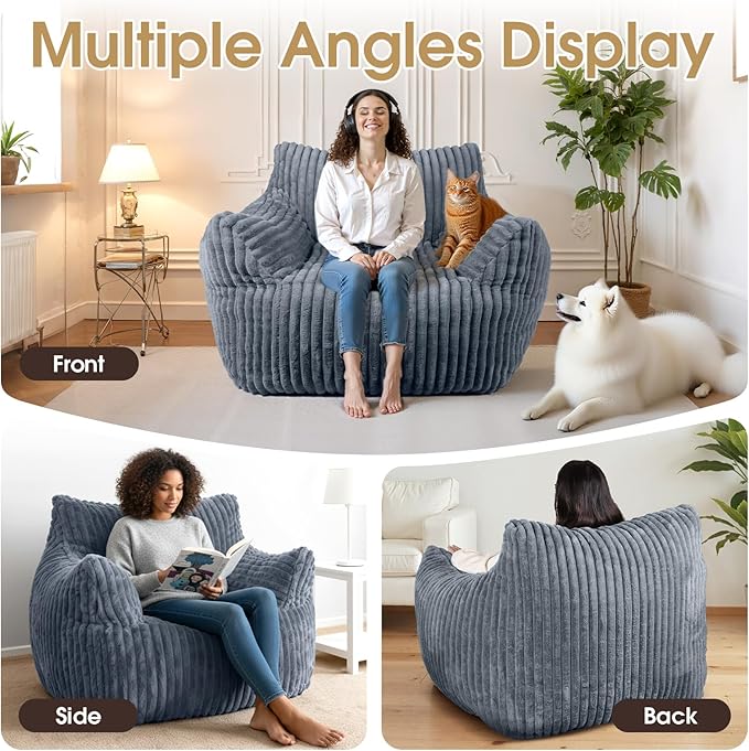 Giant Bean Bag Chair with Ottoman, Oversized Plush Comfy Bean Bag Sofa for Adults and Kids, Memory Foam Mini Couch Single Lounges for Living Room, Bedroom & Game Room(Gray)