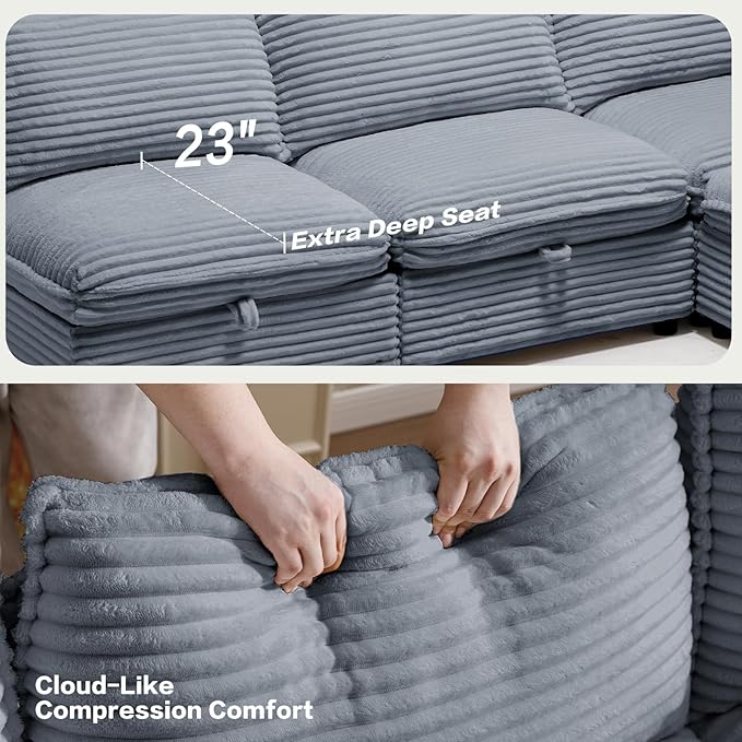 125" Oversized Modular 6 Seater Sofa with Removable Covers and Storage, Convertible U, L-Shaped and Sleeper Sectional, Modern Corduroy Couches with Ottoman Chaise for Living Room, Apartment, Gray