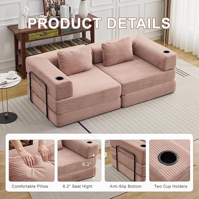 78" Loveseat Sleeper Sofa, 4 in 1 Convertible Floor Sofa Bed, Boneless Cloud Couch with Cup Holder, Fold Out Floor Couch for Living Room Bedroom Lounge, Corduroy, Pink