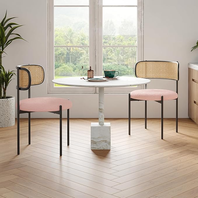 Farini Modern Upholstered Dining Chairs Set of 4,Rattan Back Dining Room Chairs,Accent Kitchen Chairs with Metal Legs,Pink
