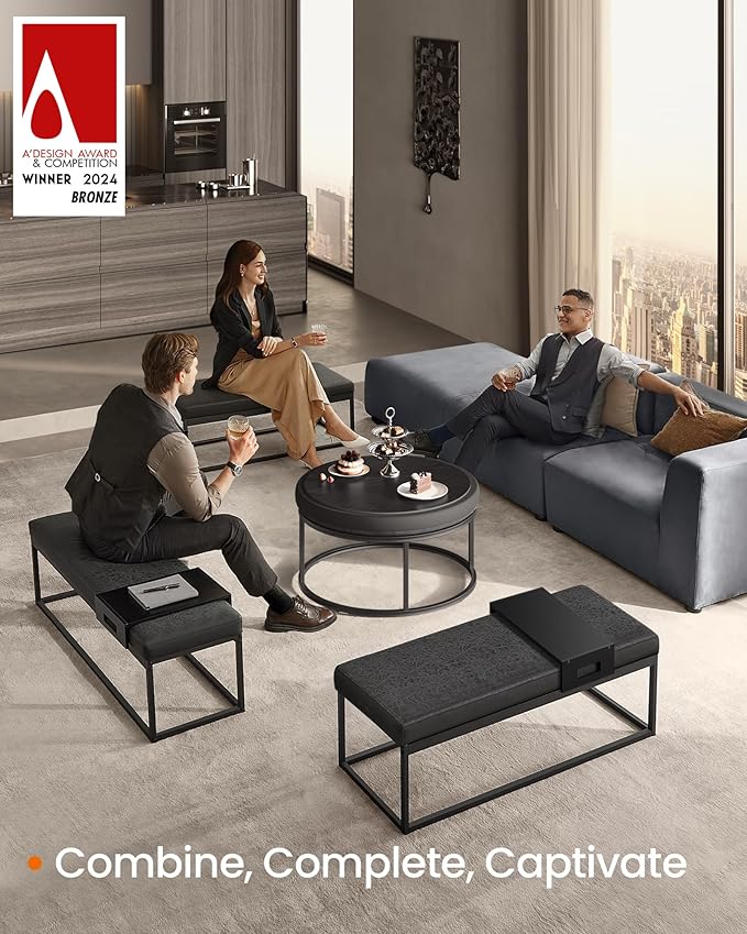 SONGMICS HOME LUIZ Collection - Ottoman, Round Coffee Table, Footstool, Reversible Top, Padded Seat, Side Table, Minimalist, Steel Frame, Max. Load 660 lb, for Living Room, Ink Black ULOM078B01